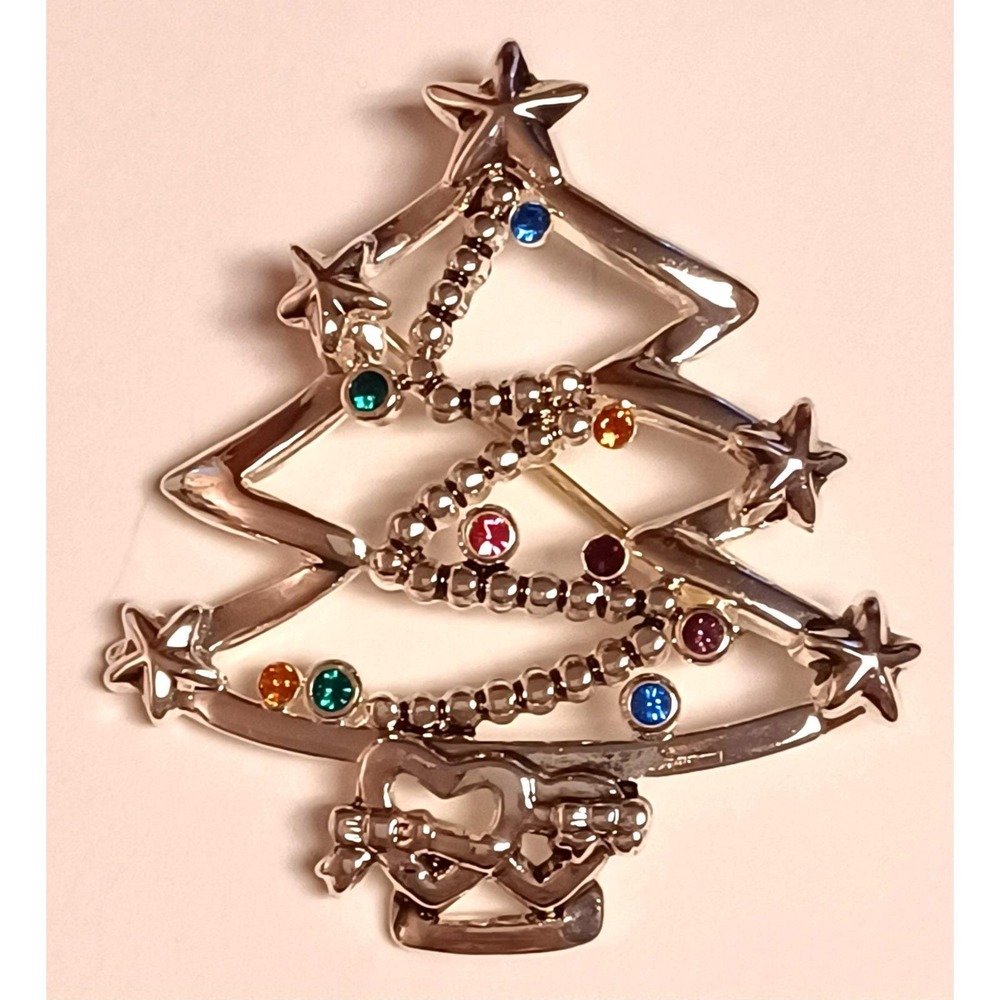 Vtg Signed BEST Silver Tone Christmas Tree Brooch Beaded Garland Rhinestone Pin